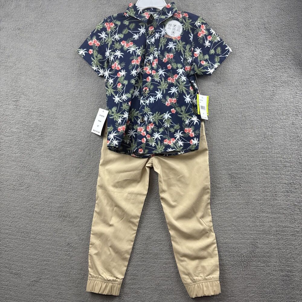 Eddie Bauer Boys Size 4T Button Down Hawaiian Shirt Floral Tropical Khaki Set
